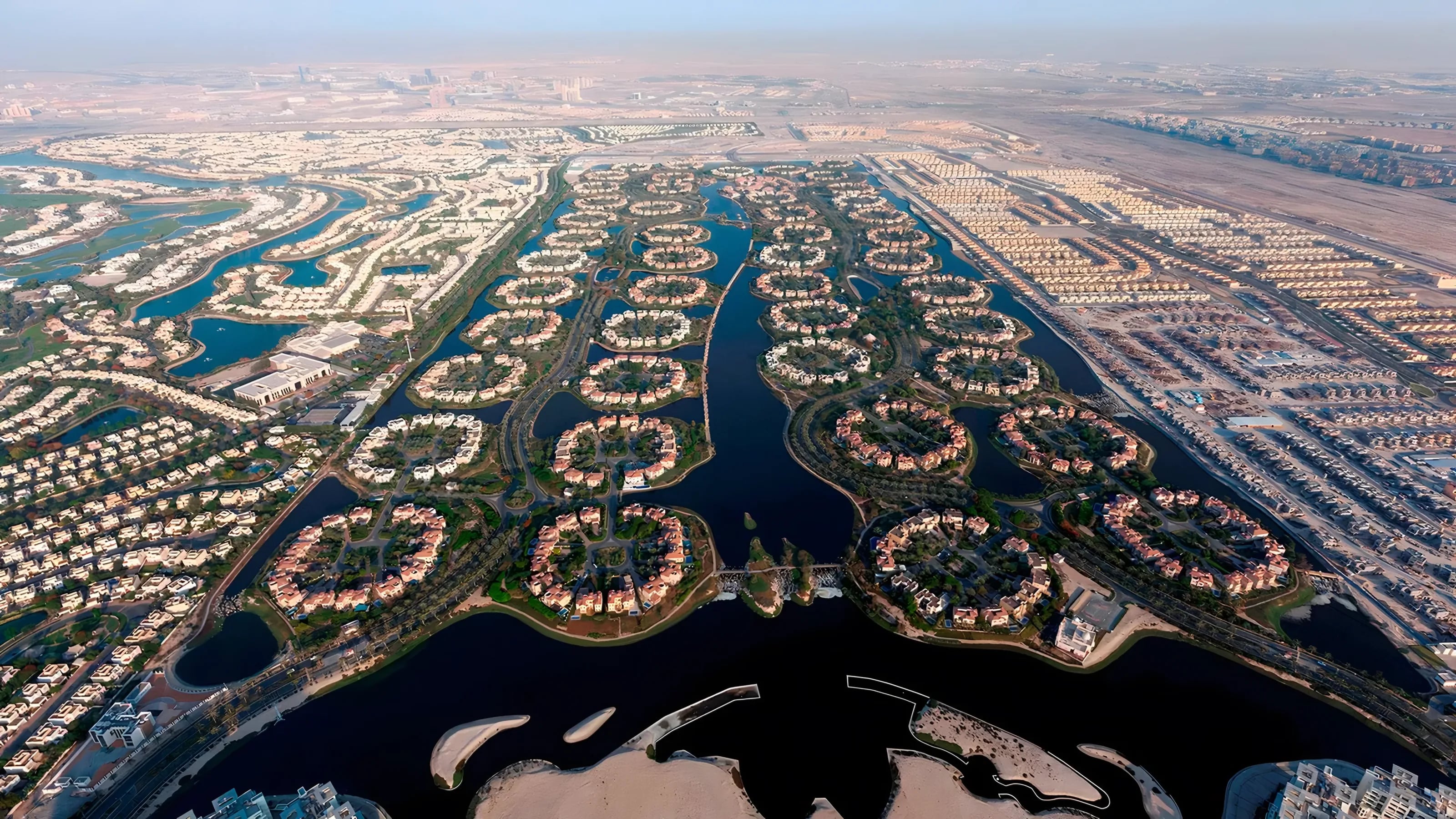Jumeirah Islands from the air: rows of island clusters set among lakes